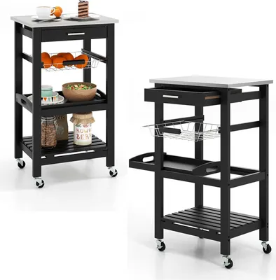 Two views of a black kitchen cart with a stainless steel top, wheels, a drawer, and multiple shelves and baskets.