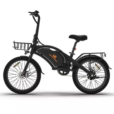 A black folding electric bicycle is shown against a white background.