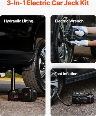 Produktbild von SucceBuy Elektrischer Wagenheber, 5 Tonnen/11000 lbs, tragbares Set mit eingebautem Inflator, 12 V elektrischer Scherenwagenheber, elektrischer Schlagschrauber und LED-Licht für Limousine, SUV, LKW