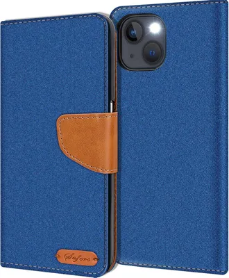 Produktbild von Conie Jeans Style Klapp Tasche für iPhone 14 Plus Kartenfach Hülle Rundumschutz in Blau