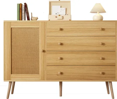 Zdjęcie produktu dla Kredens z drewna rattanowego Fortuna Lai, szafka z 4 szufladami i 1 drzwiczkami, 120 x 40 x 83 cm, naturalne drewno
