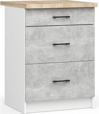A three-drawer cabinet with a wood-effect top, set against a white background.