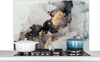 Produktbild von KitchenYeah®  Spritzschutz Küche - Küchenrückwand - Wandschutz für Herd und Spüle - Schwarz - Marmor - Luxus - Gold 100x65 - Alu-Dibond (Alternative zum Spritzschutz aus Glas) - Hitzebeständig - Herds