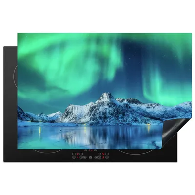 Produktbild von KitchenYeah© Herdabdeckplatte Nordlichter - Berg - Schnee , 76x51cm, Küche Deko, Glaskeramikkochfeld Herdabdeckung, Abdeckplatte fùr Kochfeld