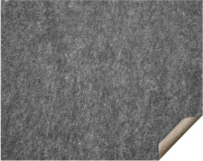A close-up view of a gray carpet with a corner folded back to reveal a tan underside.