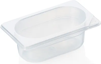 A clear plastic food container on a white background.