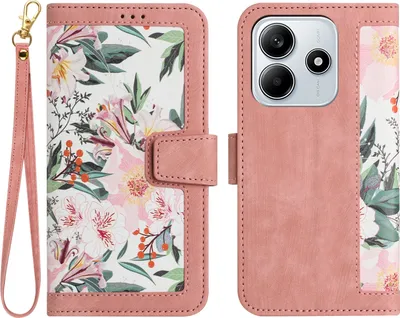 Produktbild von Für Xiaomi Redmi Note 14 5G Kunstleder Wallet Handy Tasche Blumen Design Hülle Etuis Rosa
