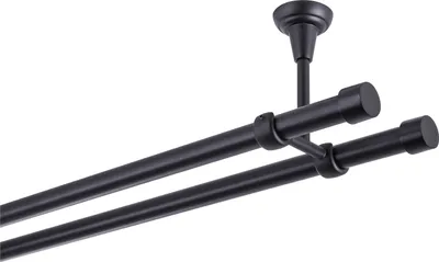 A black double curtain rod mounted on a ceiling.
