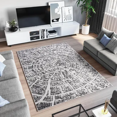 A modern living room with a TV stand, sofa, and a large rug.