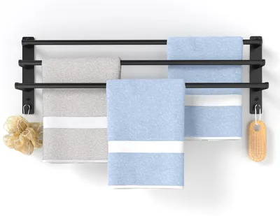 Image de Porte-serviettes sans perçage, porte-serviettes de salle de bain à fixation murale, noir, 3 barres, porte-serviettes de bain à perçage ou autocollant, avec 2 crochets, en acier inoxydable