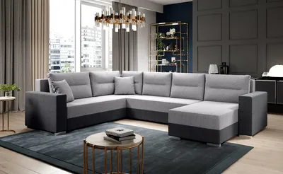 A modern living room with a large sectional sofa.