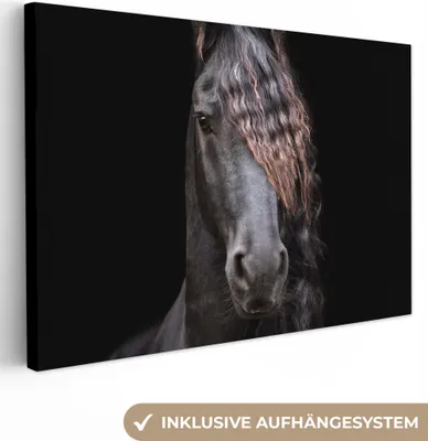 Produktbild von MuchoWow® - Leinwandbilder - Pferde - Friesisch - Mähne - Schwarz - Tiere, Wandbild, Wanddeko Bilder Wohnzimmer, 90x60 cm