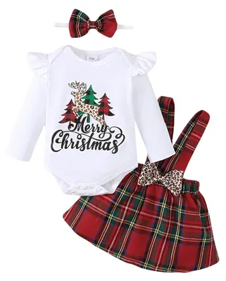 Produktbild von Baby-Mädchen-Weihnachtskleidung-Set: Overall und kariertes Kleid