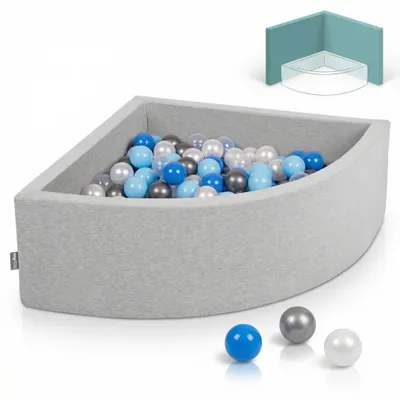 Obrázek produktu pro KiddyMoon 90x30cm/200 míčků ∅ 7cm Trojúhelníkový Suchý Bazén s míčky Certifikováno vyrobeno v EU, Světle Šedá: Perleťová/Modrá/Baby Modrá/Průhledná/Stříbrná