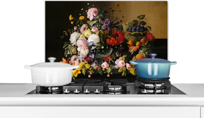 Produktbild von KitchenYeah®  Spritzschutz Küche - Küchenrückwand - Wandschutz für Herd und Spüle - Stilleben mit Blumen und Früchten - Kunstwerk - Alte Meister 60x40 - Alu-Dibond (Alternative zum Spritzschutz aus Gl