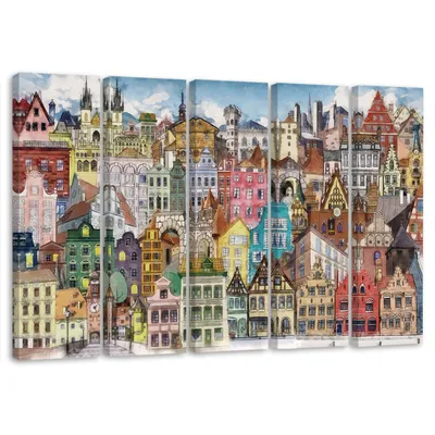 Produktbild von 5-teiliges leinwandbild fröhliche stadt 100x70 cm Feeby farbe wandbild bereit zum aufhängen