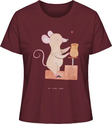Produktbild von Mr. & Mrs. Panda Basic T-Shirt Damen Maus Töpfern Größe S - Burgundy - Geschenk, Shirt, Töpferkurs, Kurzarm, Oberteil, Töpferei, Kurzarmshirt