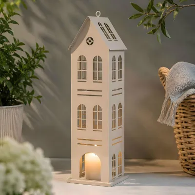 Produktbild von Metall Laterne Haus Grau H49cm Dekohaus Windlicht Hausform Kerzenhalter Deko