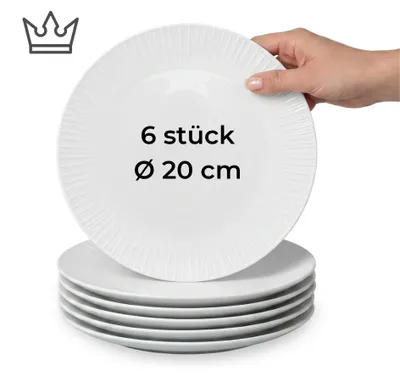 6er-Set Premium Porzellan Speiseteller Ø20 cm – Elegantes Rillendesign in edlem Weiß