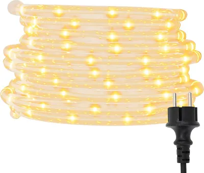 A coiled rope light with warm white LEDs and a black power plug.