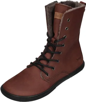 A single brown leather boot with black laces and fur lining, presented against a white background.