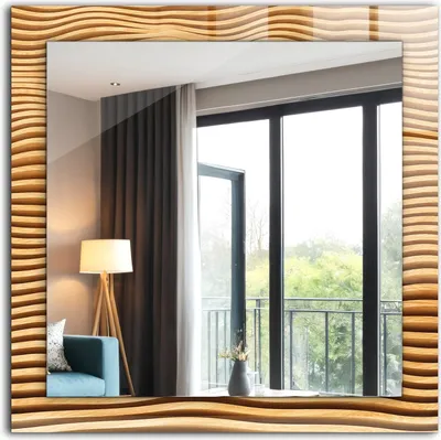 Produktbild von Dekospiegel - Wandspiegel mit Rahmen - Hängespiegel - 60x60 cm - Holzwellen