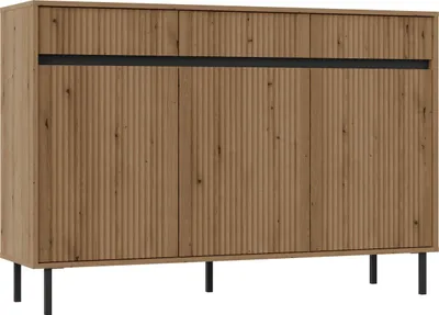 A wooden sideboard with black legs and a black accent strip.