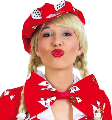 A woman wearing a red costume with a hat and a large bow tie, making a kissing face.