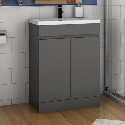 A dark gray vanity cabinet with a white countertop is shown in a bathroom setting.