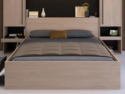 Produktbild von Bett mit Kommode 160 × 200 cm - mit LED-Beleuchtung - Farbe: natur und schwarz - VELONA