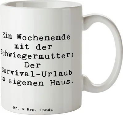 Produktbild von Mr. & Mrs. Panda Kaffeebecher Spruch Schwiegermutter Abenteuer - Weiß - Geschenk, Schwiegereltern, Wochenende, Trinkbecher, Geburtstage, Jubiläen, Kaffeetasse, Humor