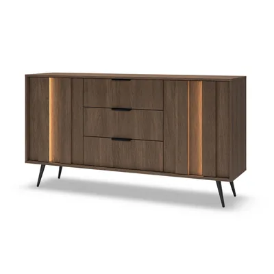 Image de BETTSO, meuble buffet large FARO, 154 cm, chêne Dunin marron, avec éclairage LED et tiroirs – Commode moderne sur pieds métalliques, idéale pour la chambre à coucher et le salon