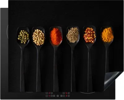 Produktbild von KitchenYeah© Herdabdeckplatte Löffel - Gewürze - Schwarz - Gewürze - Rustikal , 65x52cm, Küche Deko, Glaskeramikkochfeld Herdabdeckung, Abdeckplatte fùr Kochfeld