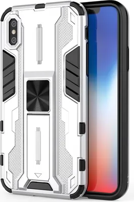 Produktbild von iPhone XS Hülle, Dual Layer PC TPU Bumper Stoßfest Ständer Schutzhülle für iPhone X / iPhone XS Silber