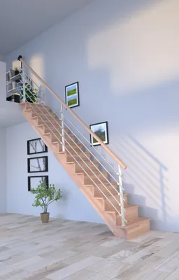 Produktbild von Holztreppe Lindos (Buche) in gerader Ausführung-80 cm-Design Geländer Edelstahl-mit Setzstufen