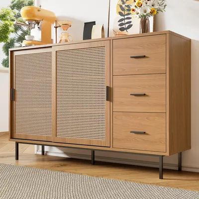 Obrázek produktu pro MODFU Kuchyňská skříň s nastavitelnými policemi, 140×91×37 cm přístavná skříň s úložným prostorem a 2 posuvnými dvířky, komoda do obývacího a jídelního pokoje