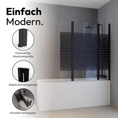Obrázek produktu pro Vanová zástěna MARWELL Black Lines 125x140 cm | 3-dílná skládací zástěna | Matná černá | 4mm ESG bezpečnostní sklo | Moderní koupelnový design | Sprchová zástěna pro vanu