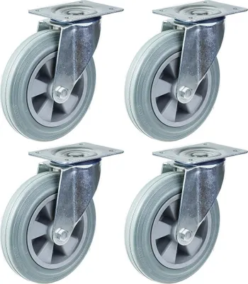 Immagine prodotto di ruote girevoli da 200 mm e 8" con pneumatici in gomma grigia, portata 820 kg, set di 4 pezzi