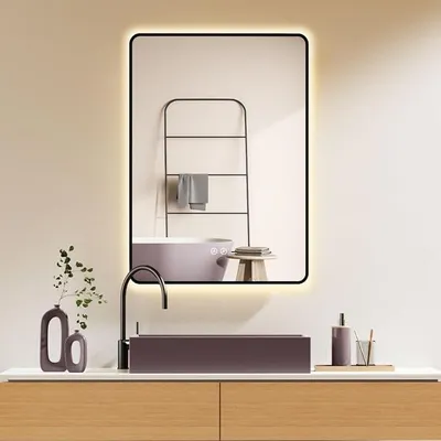 Produktbild von Badspiegel 60x80 cm / 80x60 cm Texas mit Antibeschlag Spiegelheizung und Schwarzer Metallrahmen, HOCH+QUER Montage. Touch Schalter+Licht Wechsel 2700-6500K, Warmweiß-Kaltweiß-tral