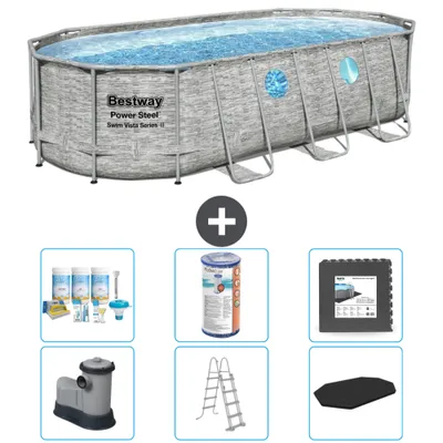 Zdjęcie produktu dla Basen Bestway Oval Power Steel Swim Vista - nadruk kamienny - 549 x 274 x 122 - w tym pompa - drabinka - pakiet konserwacyjny pokrywy - filtr - płytki podłogowe
