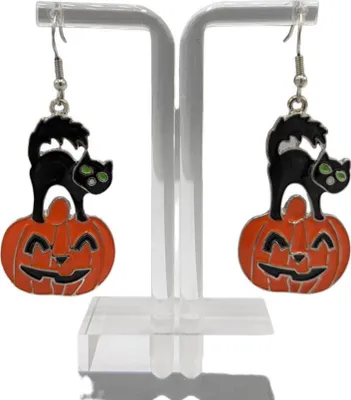 Produktbild von Halloween Ohrhaken im Kürbis mit Katze Design orange schwarz silber