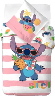 A Lilo & Stitch themed bedding set with a character graphic and striped pattern.