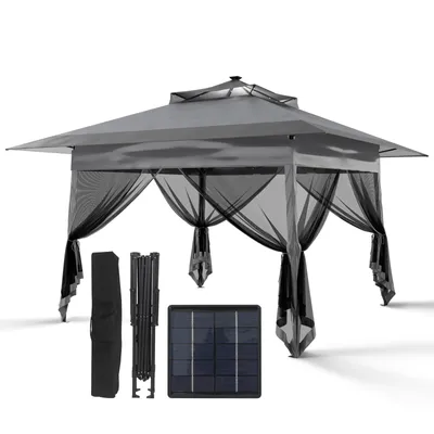 Produktbild von Puluomis Faltpavillon mit Sonnenkollektor Gartenpavillon Pop Up 3.6 x 3.6m Pavillon Faltbar Wasserdicht Gartenzelt, UV-Schutz 50+ grau