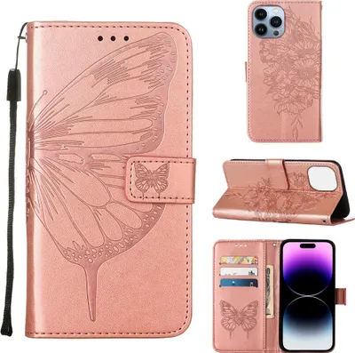 Produktbild von iPhone 14 Pro Hülle, Schmetterling Prägung Flip Leder Kartenfächer Schutzhülle Ledertasche mit Ständer für iPhone 14 Pro Roségold