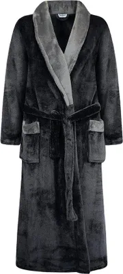 Produktbild von Unyqoos® Extra langer Uni-Bademantel mit Schalkragen & Bindegürtel, superweiches , schwarz mit grauem Kragen, XXL/3XL – 8218-Black