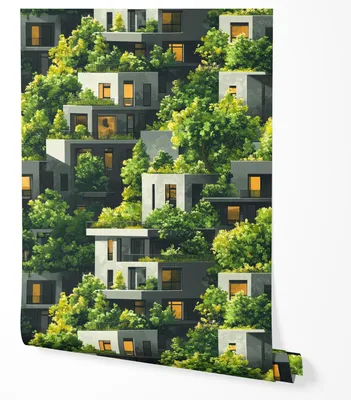 Produktbild von Selbstklebende Tapete Möbelfolie Moderne Häuser Grün Natur Wandtapete Wohnzimmer Schlafzimmer Küche Flur Architektur Urban Pflanzen Design Modern Abwaschbar 5m x 0,5m