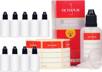 Image de 10 flacons en plastique 50 ml LDPE, G14, compte-gouttes, bouchon noir, 1 mini-entonnoir