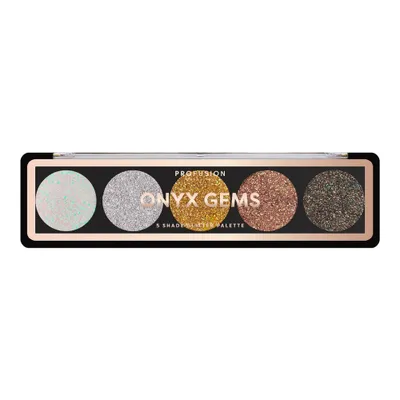 A top-down view of an eyeshadow palette with five shimmering shades.