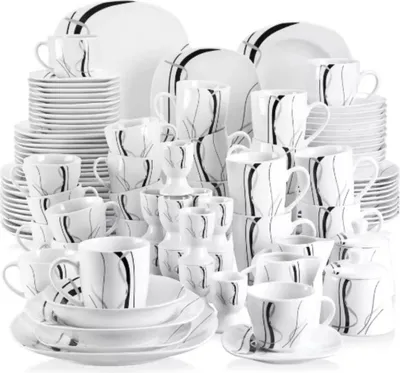 Zdjęcie produktu dla Barokowy serwis obiadowy - Serwis obiadowy - Biały z czarną obwódką - Ceramiczny - 100 sztuk - 12 osób - Małe talerze - Piekarnik wodoodporny