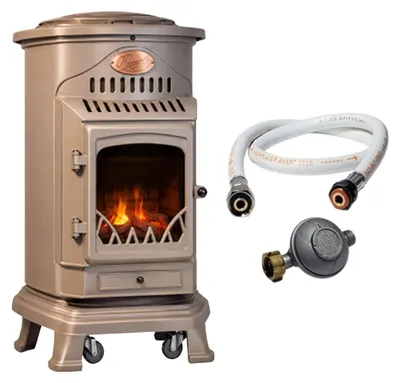 Image de Poele à gaz 3,4 KW MARRON Effet poêle à bois Fonte véritable + Tuyau gaz + détendeur butane Provence Sahara